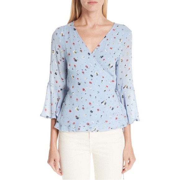 Ganni Serenity Blue Dainty Floral Georgette Wrap Top Blouse US S - Picture 1 of 9